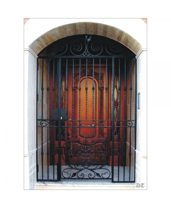 1629 Cancela con arranques de forja y adorno inferior forjado