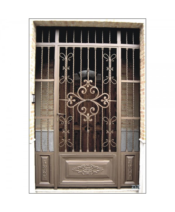 1654 Cancela con adorno central y cuarterones dibujados