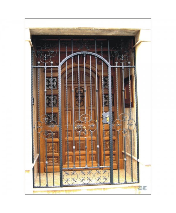 1665 Cancela con adornos de flor curvada de forja
