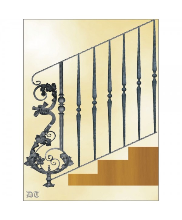 2160 Barandilla con dragón floral y arranque de dos bolas