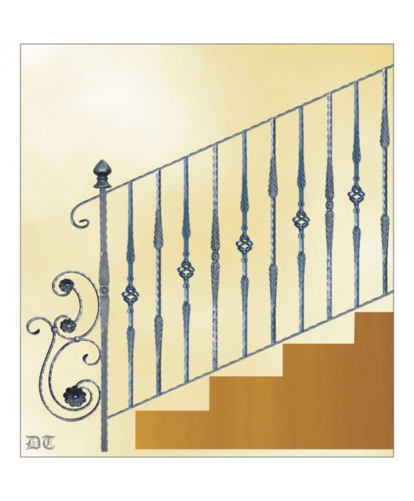 2172 Baranda con barrote de piña central y puntas rayadas